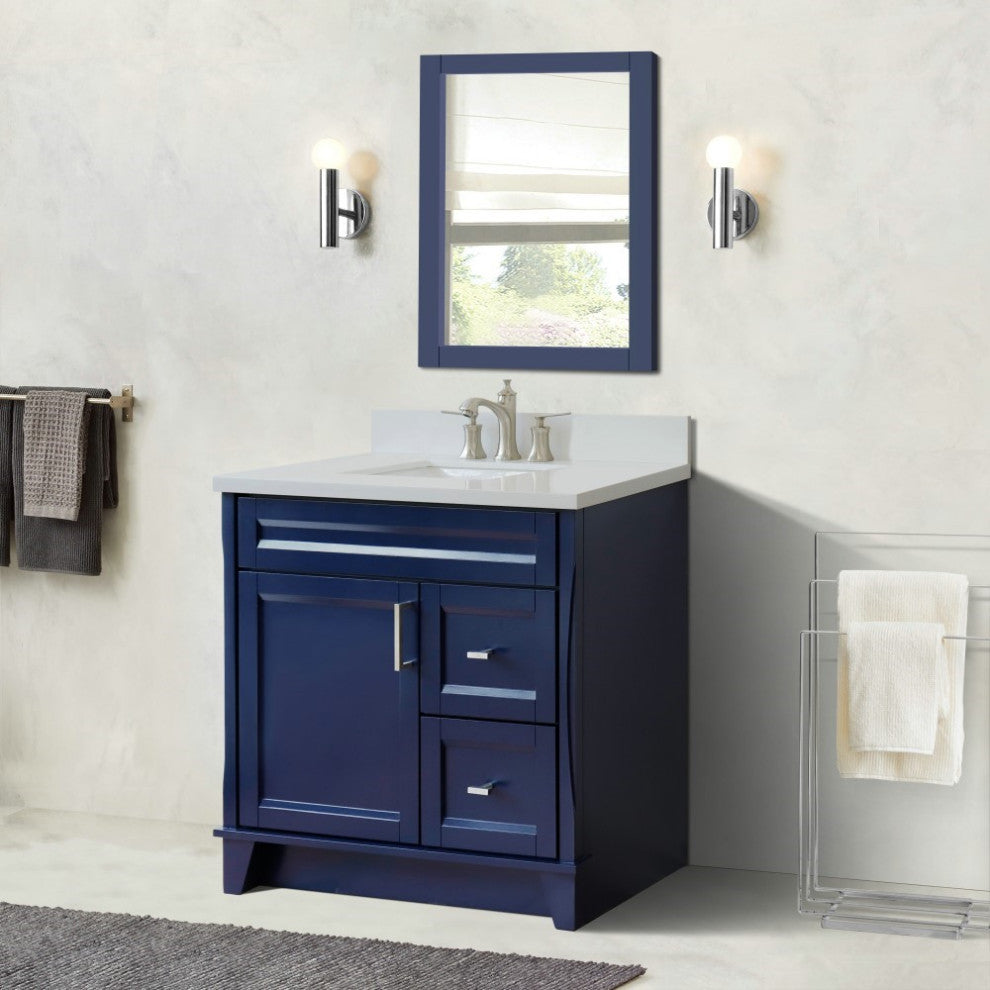 37" Single Sink Vanity, Blue Finish With White Engineered Stone Top