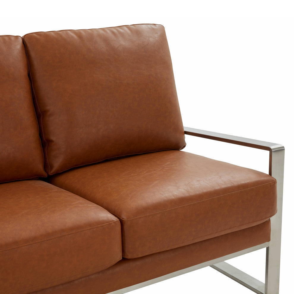 LeisureMod Jefferson Modern Faux Leather Sofa With Silver Frame, Cognac Tan