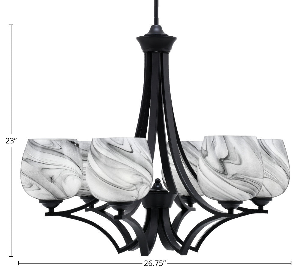 Zilo 6 Light Chandelier, Matte Black Finish With 6" Onyx Swirl Glass