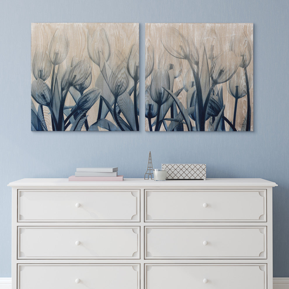 Blue Tulip Diptych Wall Art X-Ray Photography Printed on Hand Finished Ash Wood