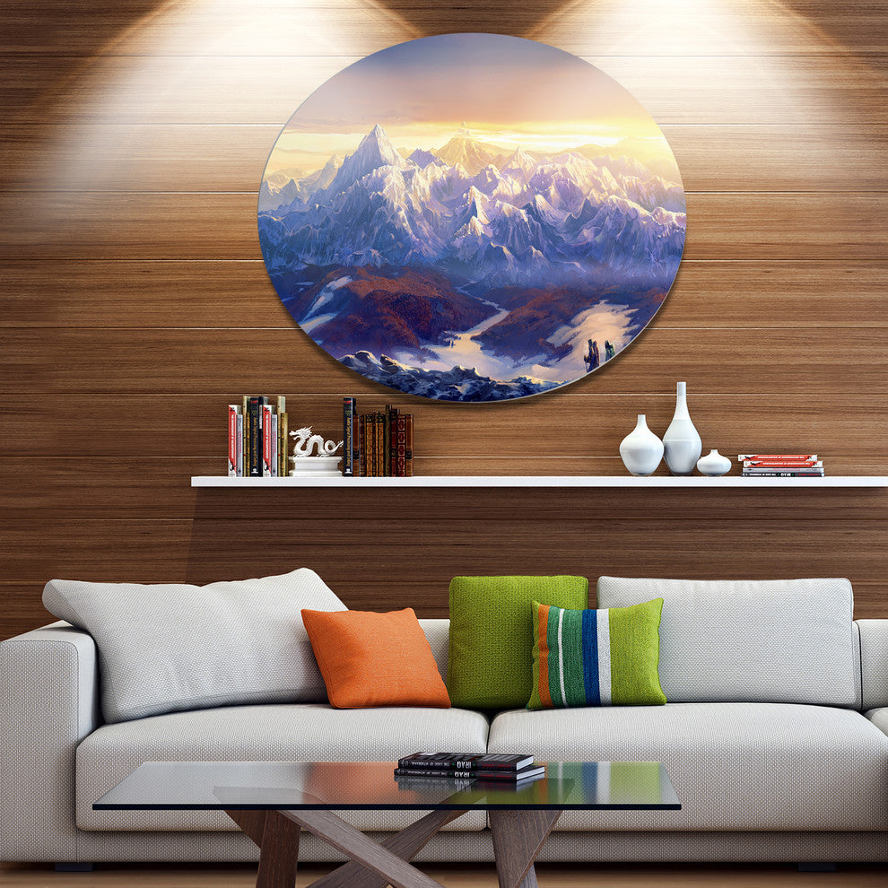 Winter Mountains With Tourists, Landscape Round Metal Wall Art, 23"