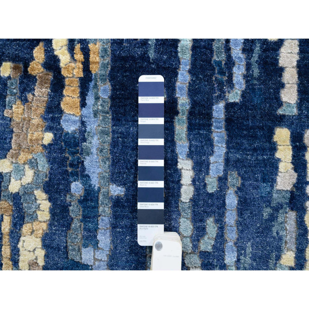 Denim Blue Hand Knotted, Mosaic Design Wool and Silk Runner Rug, 2'8" x 9'9"