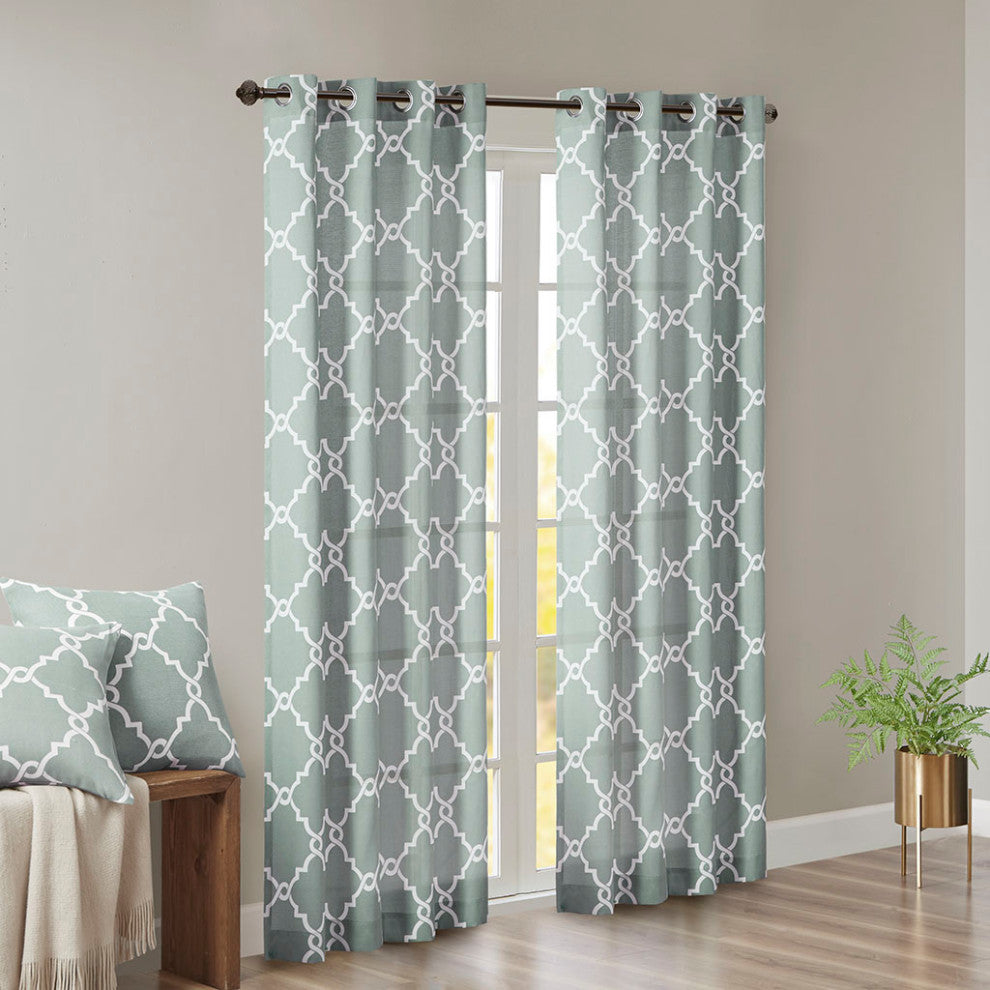 Madison Park Saratoga Fretwork Print Grommet Top Window Curtain Panel, Seafoam