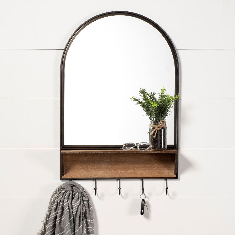 Neville Black Metal and Brown Wood Shelf With Hooks Arched Mirror, 30" x 20"