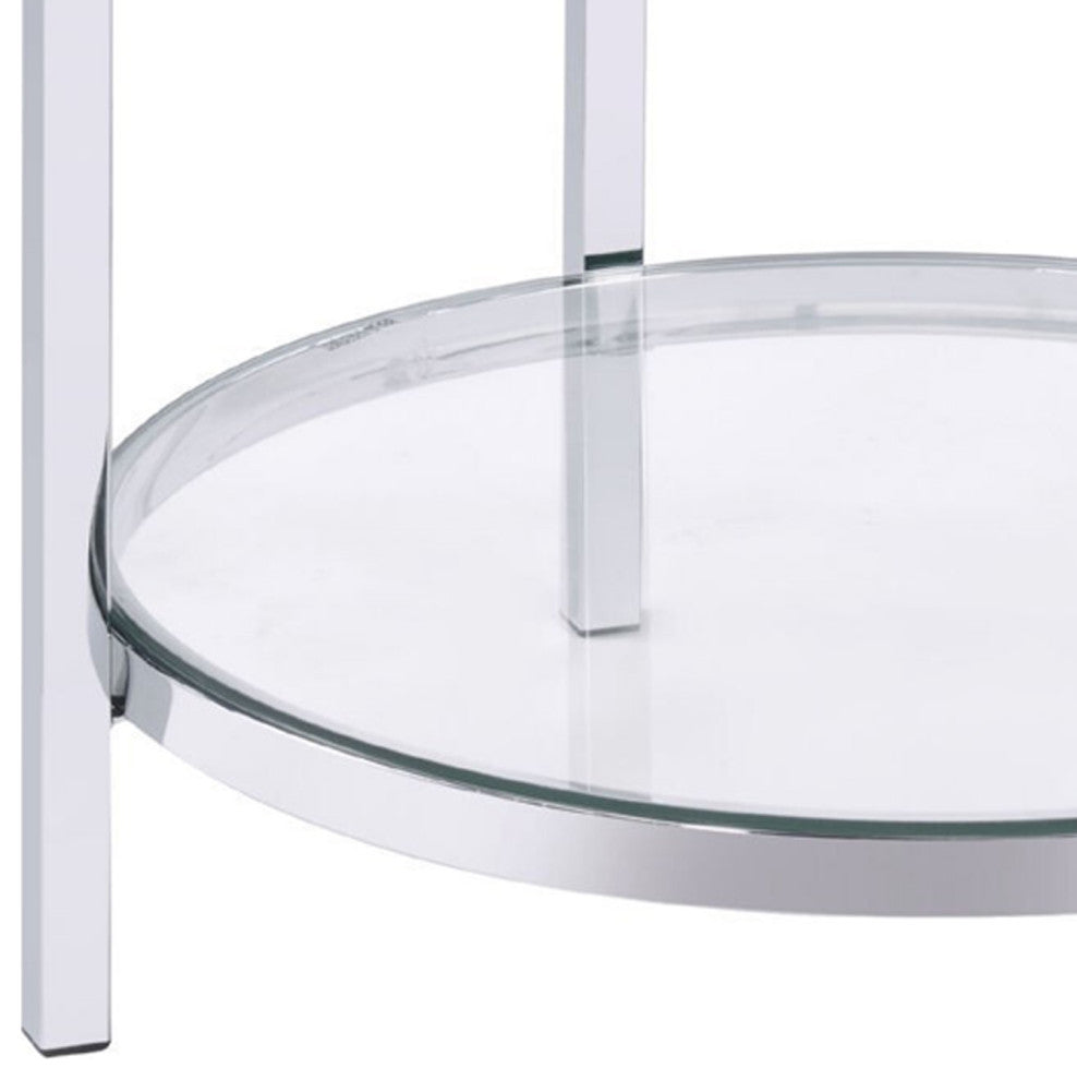Benzara BM250265 End Table With Round Faux Marble Top and Glass Shelf, Black