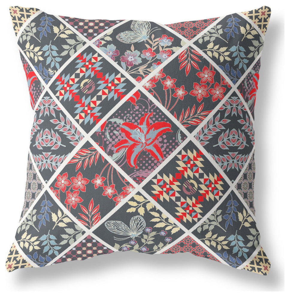 26 Black Red Patch Indoor Outdoor Throw Pillow