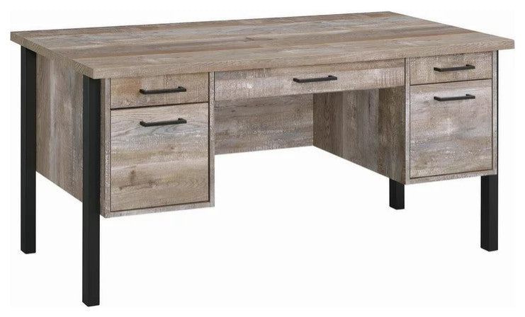 Rustic Desk, Spacious Rectangular Top With 4 Drawers & Cabinet, Weathered Oak