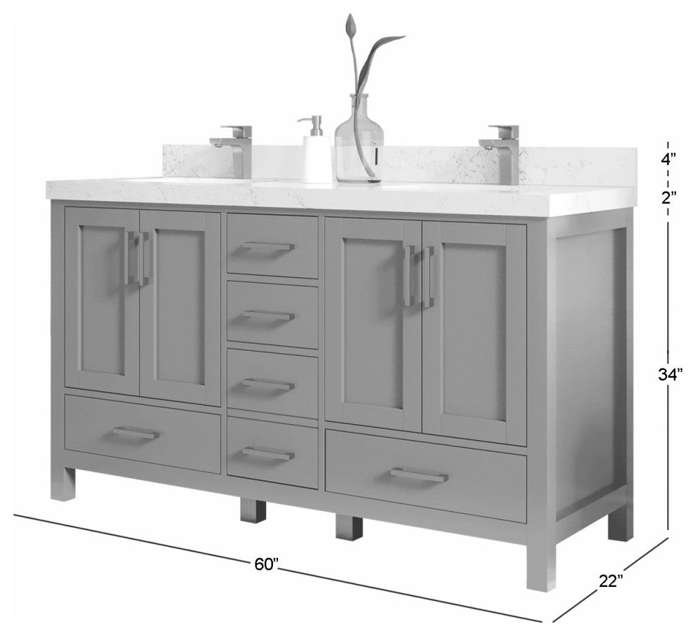 Malibu 60 Double Sink Bathroom Vanity in White  2" Calacatta Gold