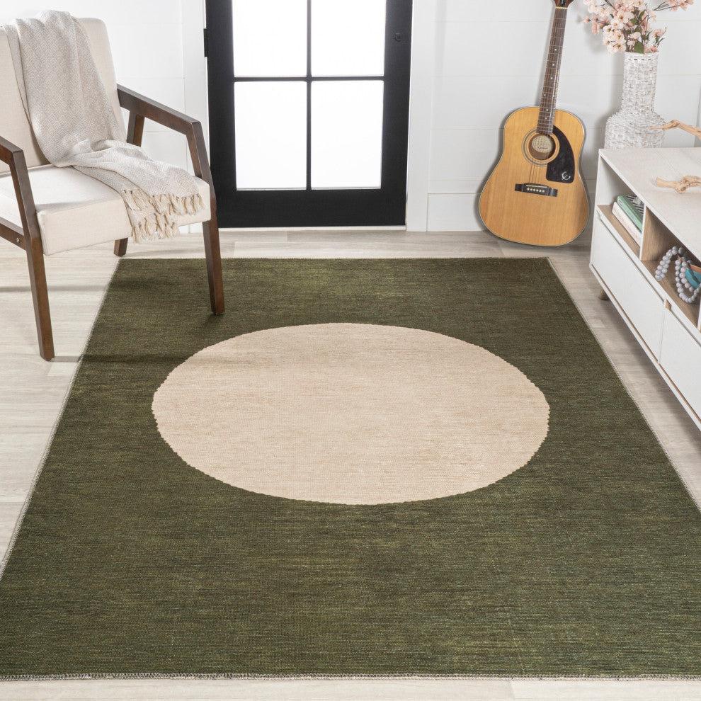 Cirkel Minimalist Geometric Dot Machine-Washable Area Rug, Olive/Cream, 4x6