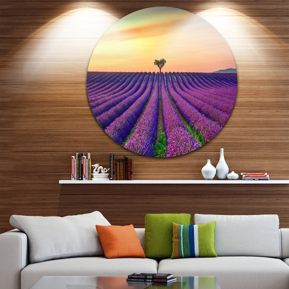 Lavender Flower Rows In Provence, Landscape Disc Metal Artwork, 11"