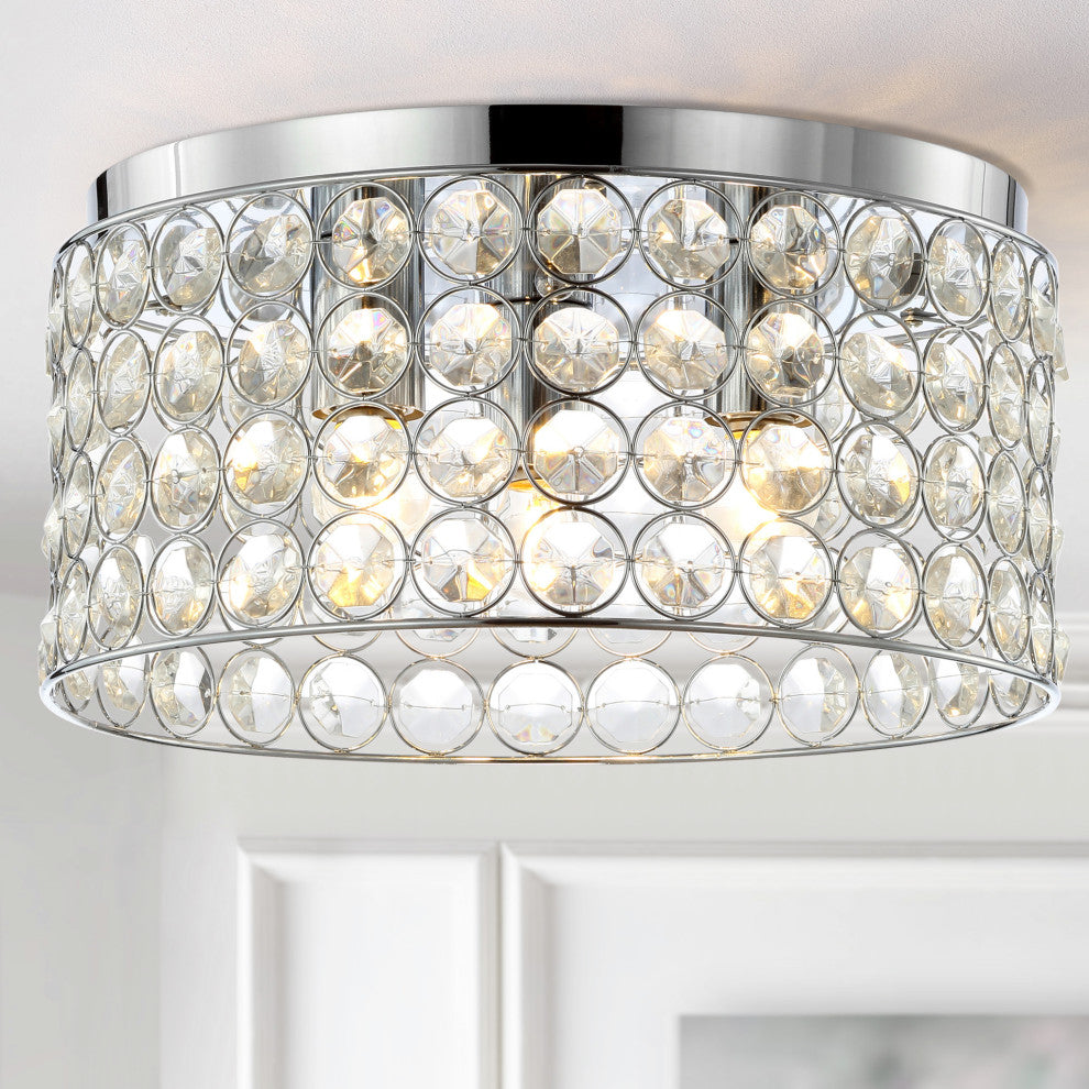 Ellen 15" 3-Light Crystal and Metal LED Flush Mount, Chrome