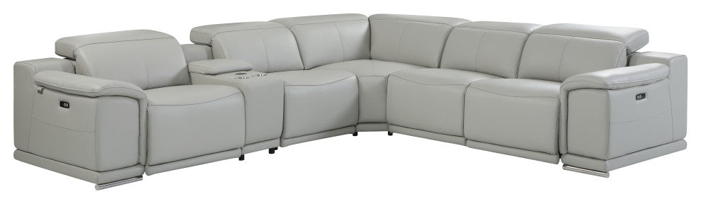 Federico 6-Piece L-Shaped Top Grain Italian Leather Sectional, Light Gray