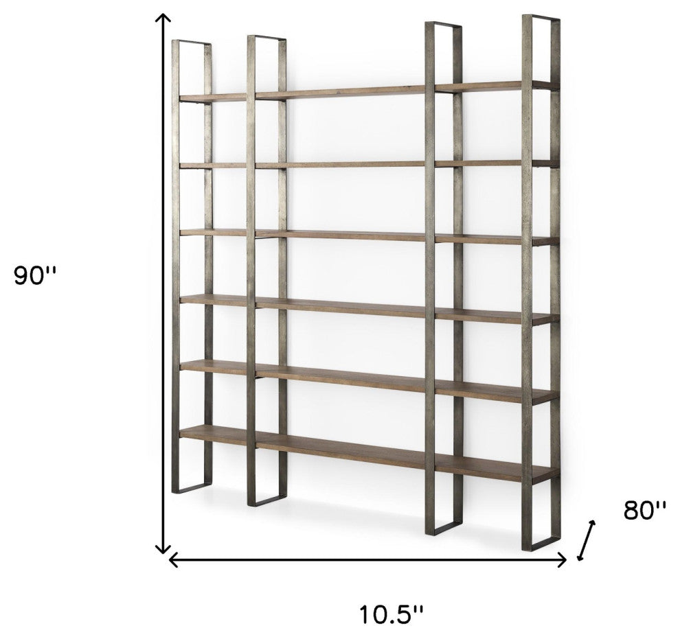 90" Brown Distressed Metal and Solid Wood Six Tier Bookcase