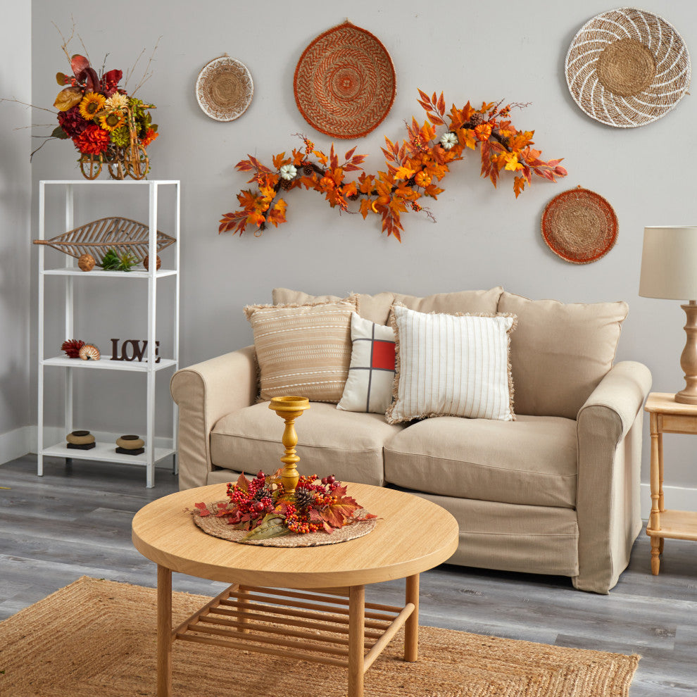 6' Assorted Fall Maple Leaves, Pumpkins, Gourds, Berries & Pinecone Faux Garland