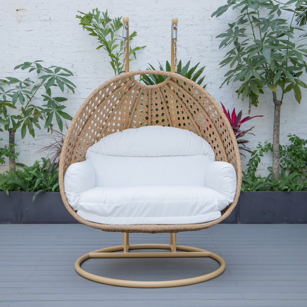 LeisureMod Mendoza Light Brown Wicker Hanging Double Egg Swing Chair, White
