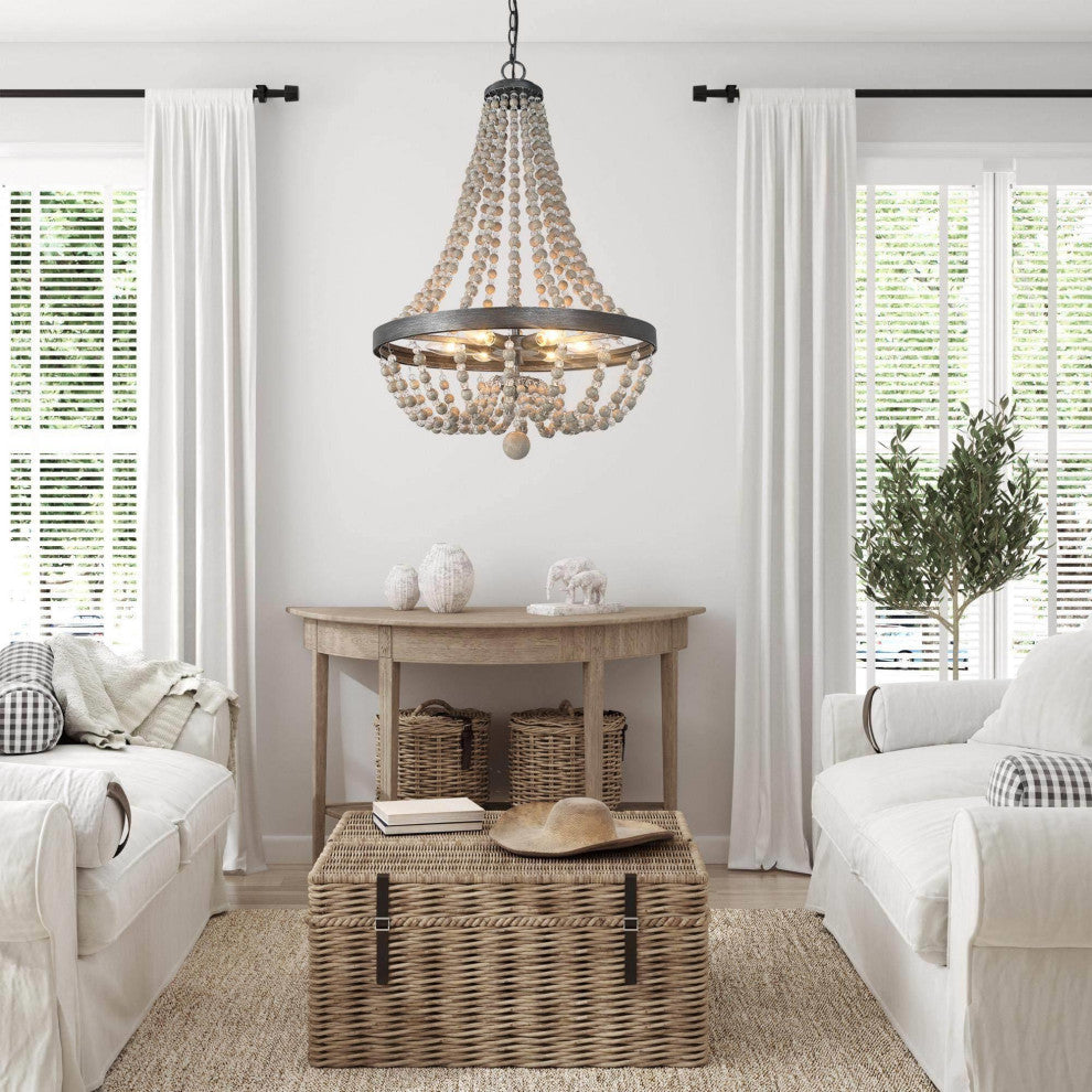LNC 6-light Farmhouse Black Brushed Wood Beaded Bohemian Chandelier