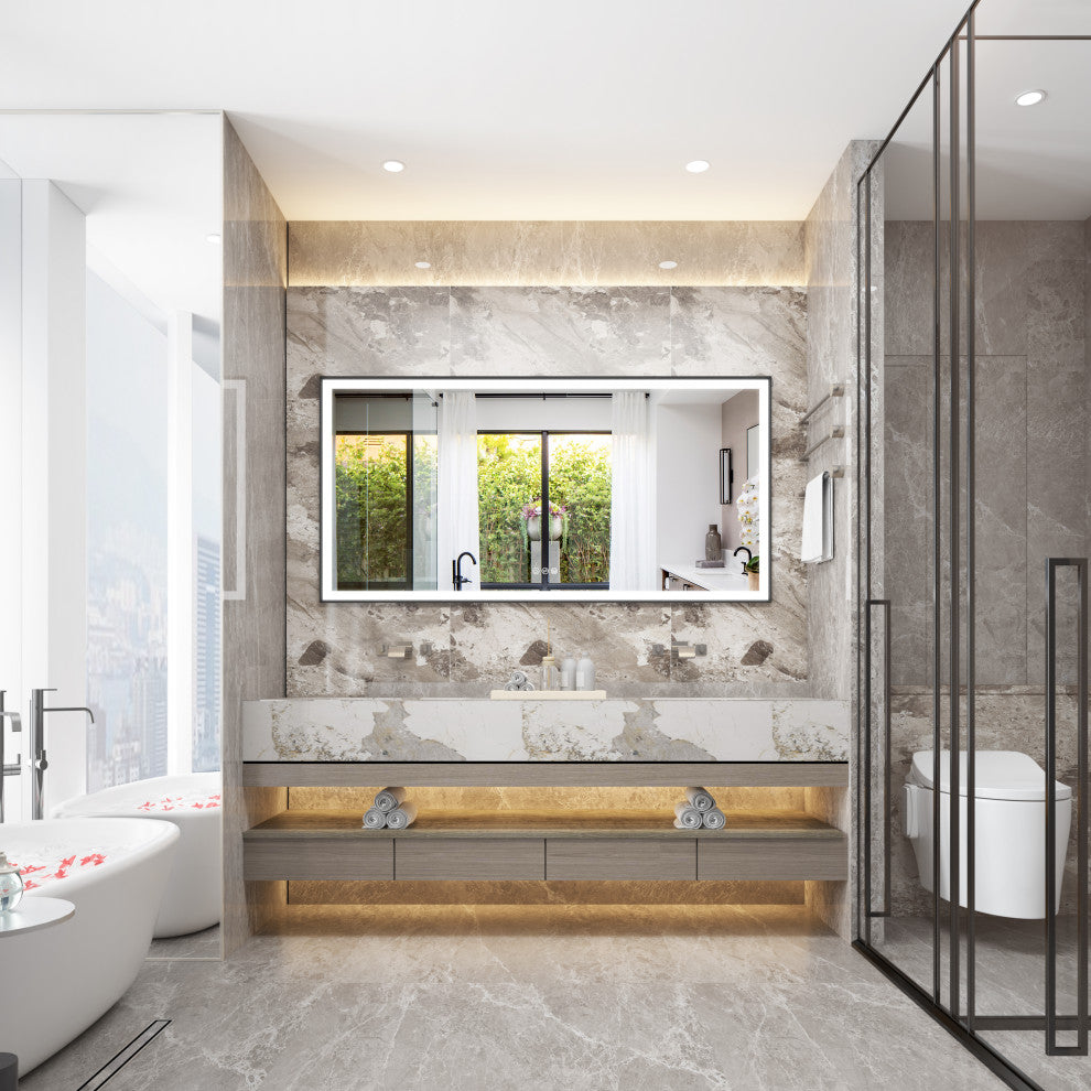 Framed LED Mirror, Dimmer, Defogger, Color Temperature, Matte Black, 72"x36"