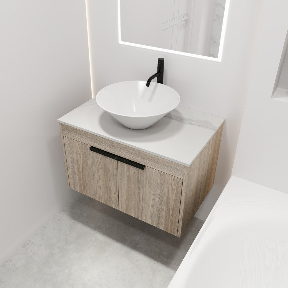Wall-Mounted Bath Vanity, White Oak, White Ceramic Vessel Sink