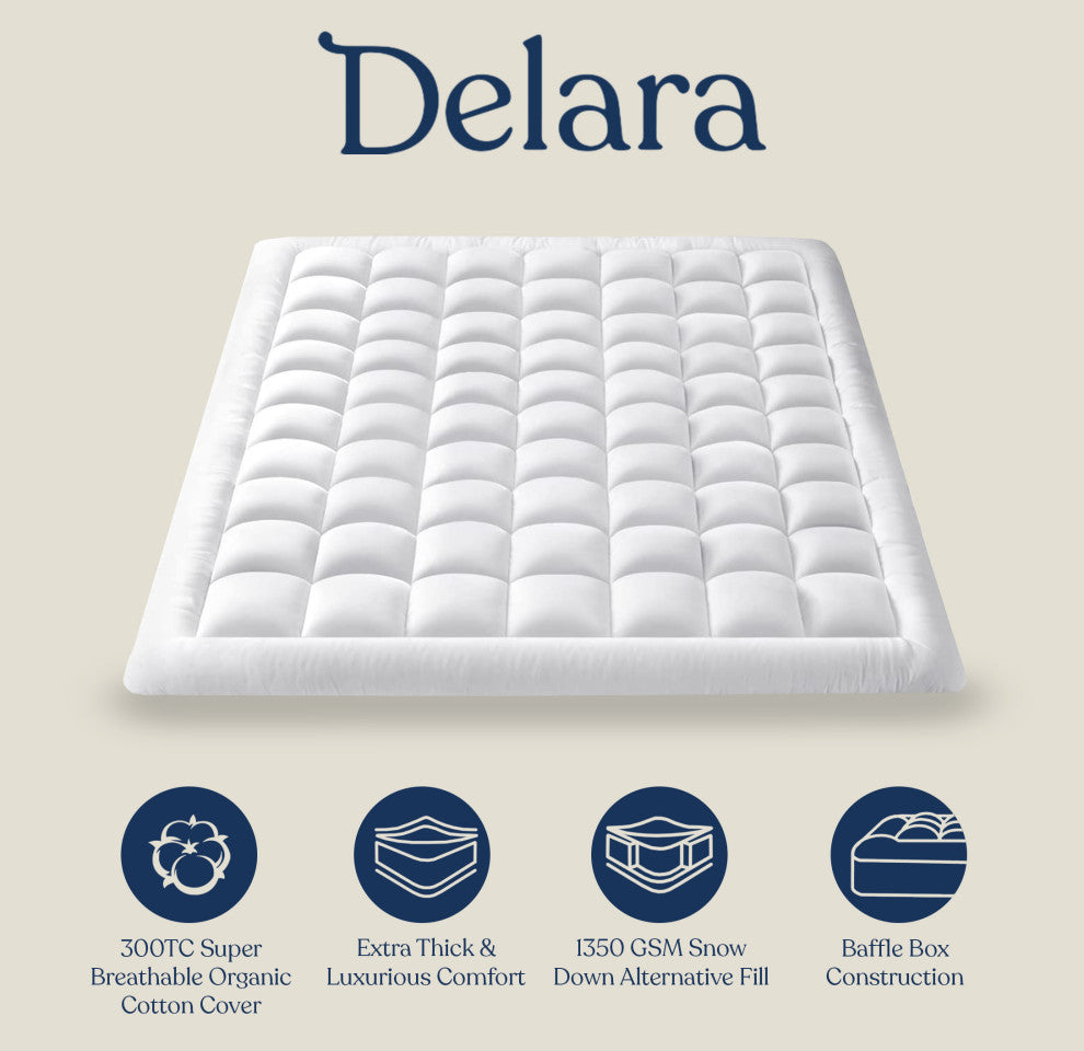 Delara Organic Cotton, 1350 GSM Snow Down Alternative Fill, Mattress Pad, King, 78"x80"