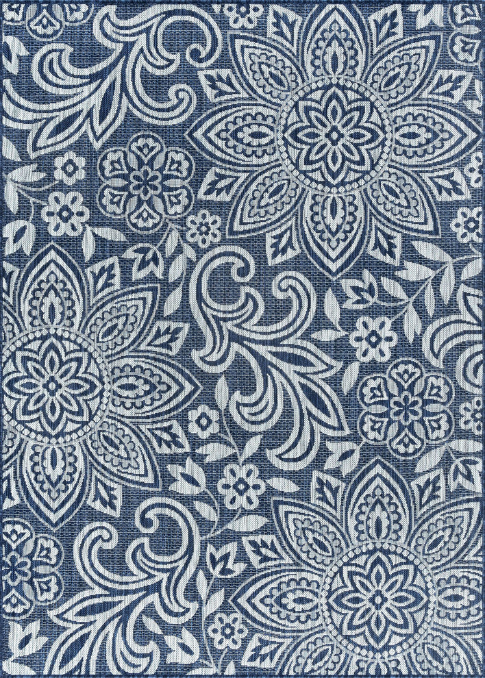 Savine Transitional Floral Navy Light Gray Indoor/Outdoor Rectangle Area Rug 5x8