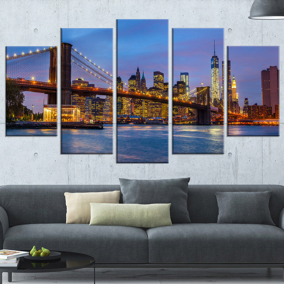 "Brooklyn Bridge With Lights and Reflections" Art, 60"x32", 5-Panels