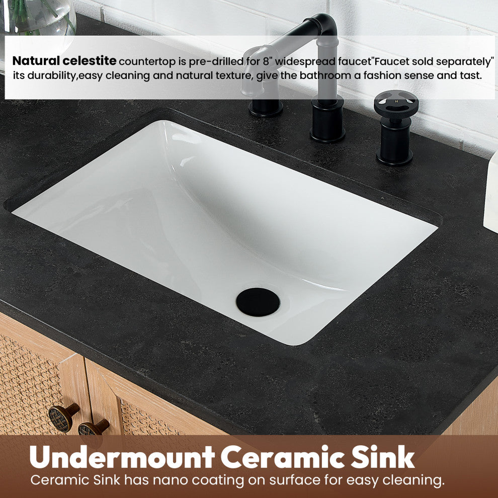Hervas Bath Vanity, Fir Wood Brown, 48in., Celestite Marble Top, No Mirror