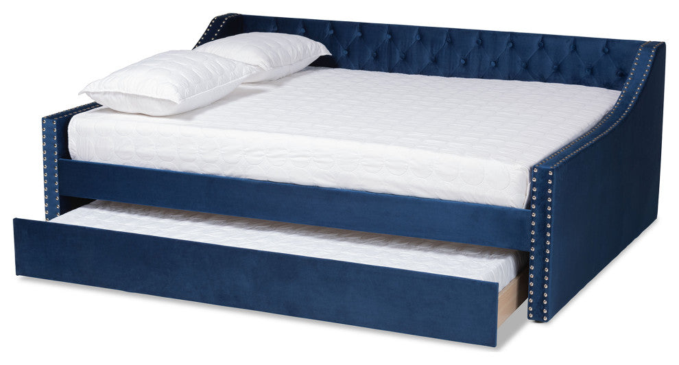 Shona Modern Velvet Upholstered Trundle Daybed, Navy, Queen Size