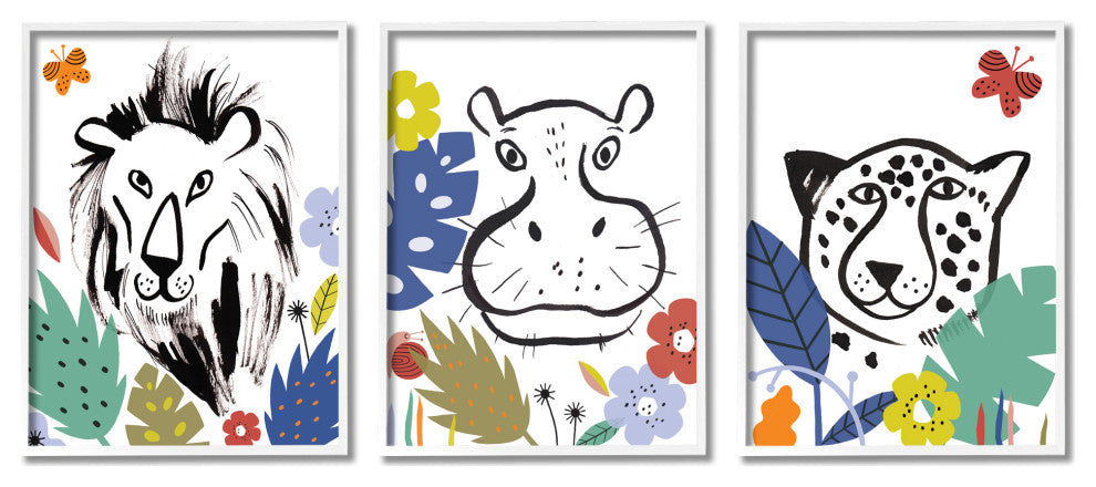 Jungle Animal Kingdom Colorful Kids Pet Illustration, 3pc, each 16 x 20
