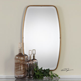 Modern Floating Beveled Mirror in Antiqued Gold Leaf Forged Shaped Round Frame