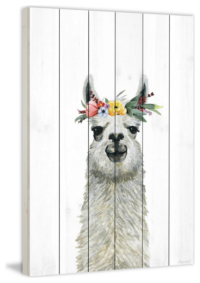 "Flower Crowned Llama" Painting Print on White Wood, 8x12