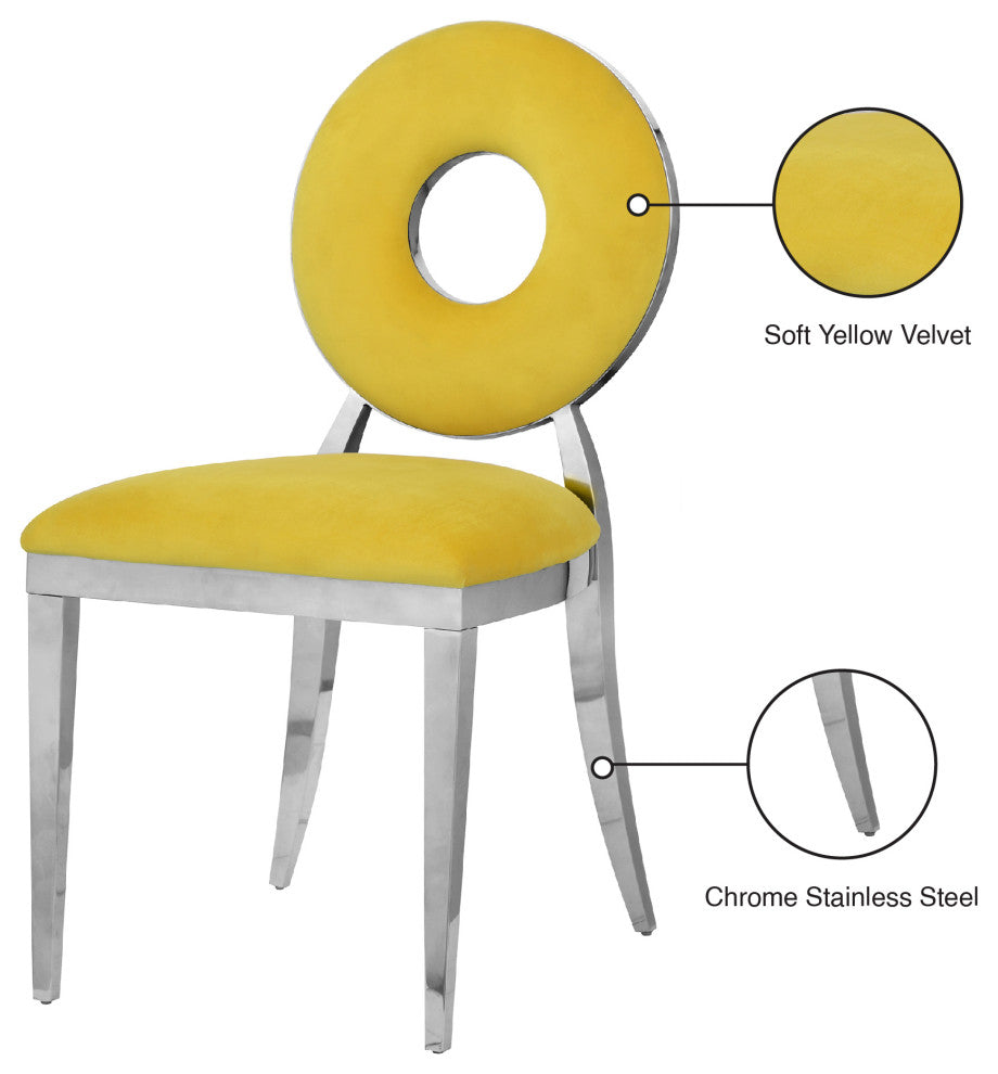 Carousel Upholstered Dining Chair, Set of 2, Yellow Velvet, Chrome Finish