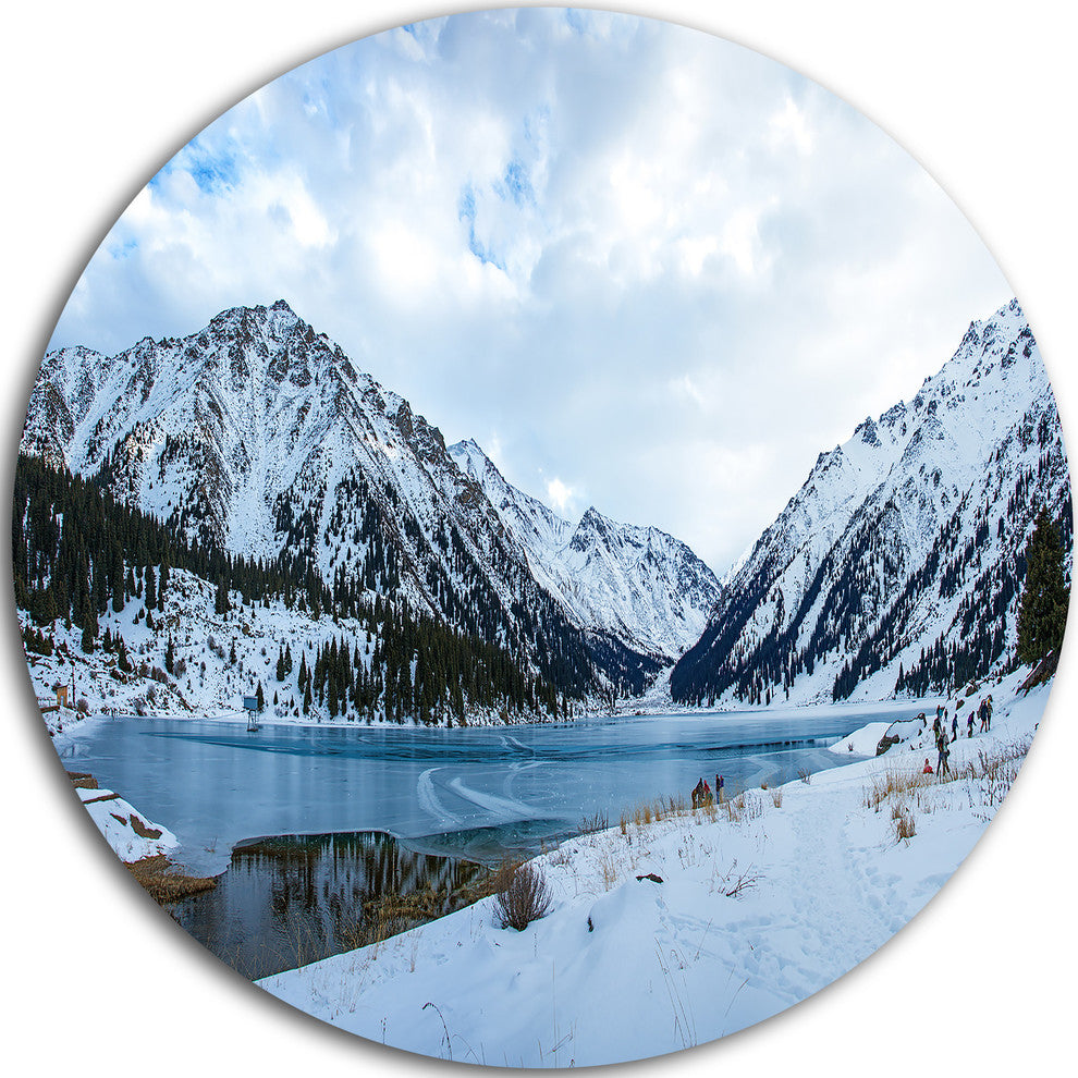 Lake Between Foggy Mountains, Landscape Photo Round Metal Wall Art, 23"