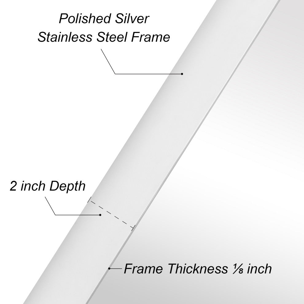 Ultra Stainless Steel Rectangular Wall Mirror, Silver, 18"x48", Polished