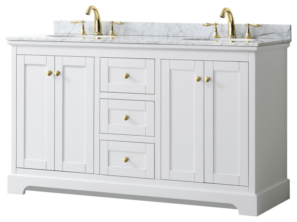 60" Double Bath Vanity, White, White Carrara Countertop, Sinks, Gold Trim