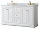 60" Double Bath Vanity, White, White Carrara Countertop, Sinks, Gold Trim