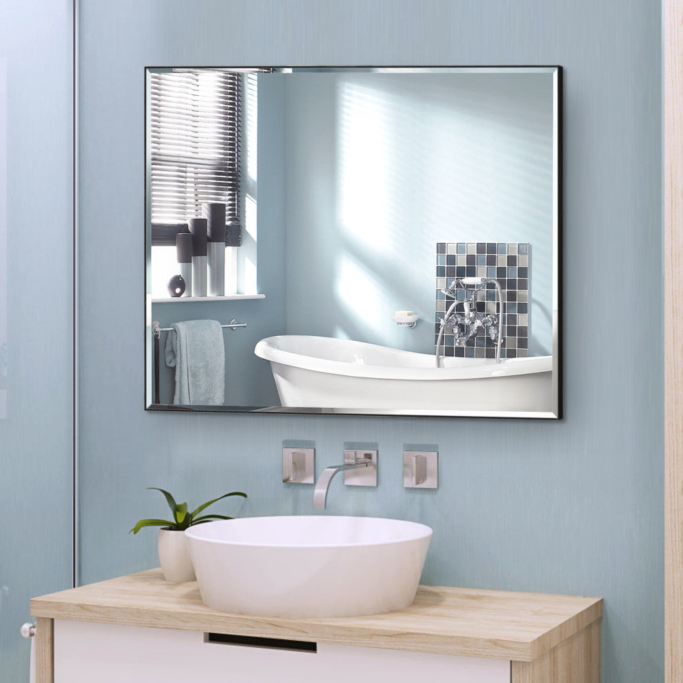 Rectangle Aluminum Framed Wall Mounted Mirror With Beveled Edge, Black, 30"x36"