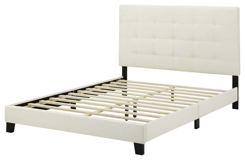 Contemporary Modern King Size Platform Bed Frame, Velvet Fabric, Ivory White