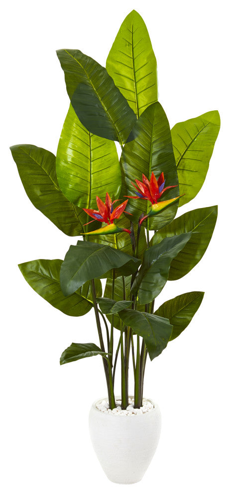 70" Bird Of Paradise Artificial Plant, White Planter, Real Touch