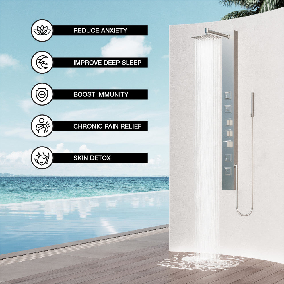 Sutton 58" H x 5" W 4-Jet Shower Panel with Square Shower Head, Stainless Steel