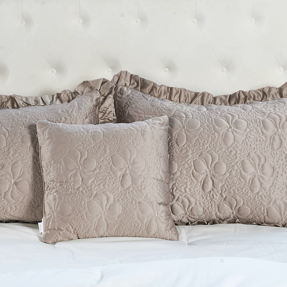 Matte Satin Ruffle 4 Piece Bed Spread Set, Taupe, King