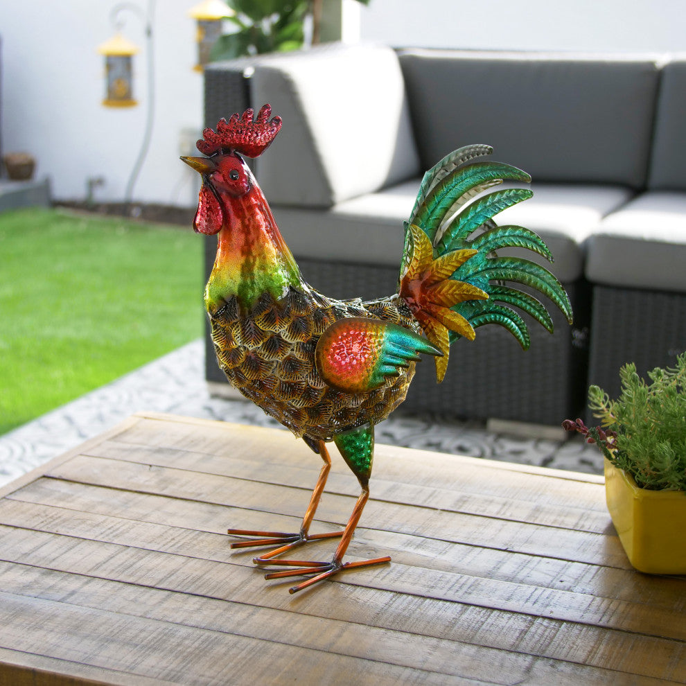 Glossy Metal Rooster Decor with Turquoise Tail