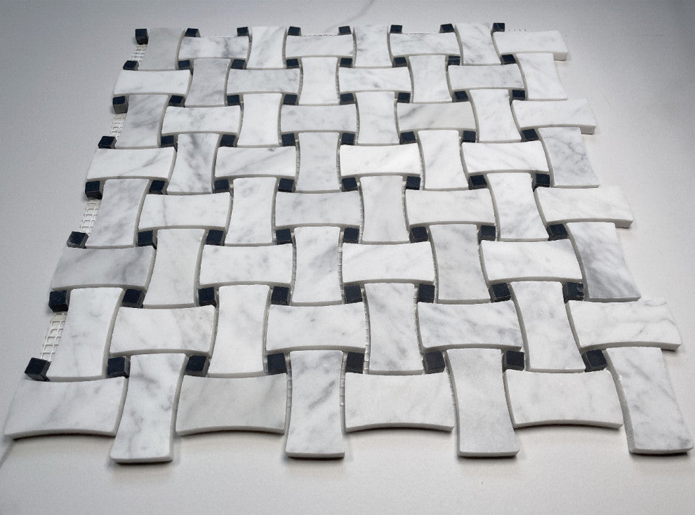 White Carrara Venato Marble DogBone Basketweave Mosaic Tile Honed, 1 sheet