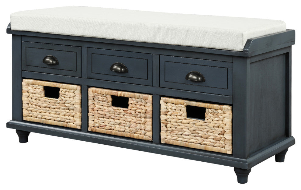 TATEUS 42" Rustic Storage Bench With 3 Drawers and 3 Rattan Baskets, Antique Navy