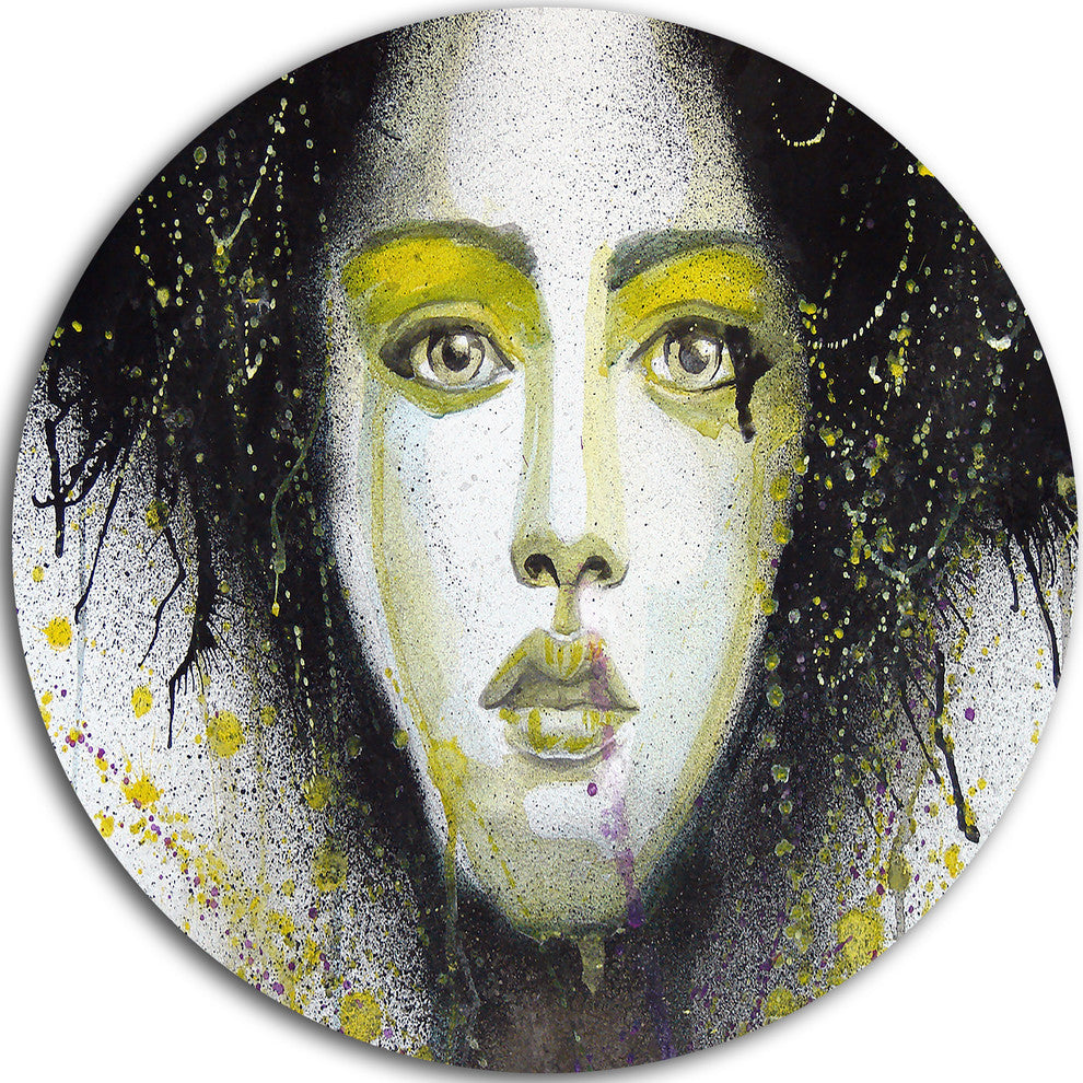 Girl With Yellow Eye Line, Portrait Digital Art Disc Metal Artwork, 11"