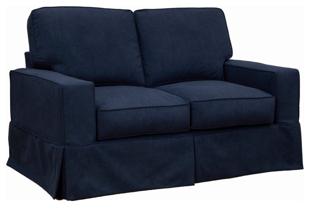 Box Cushion Track Arm Loveseat Fabric Navy Blue
