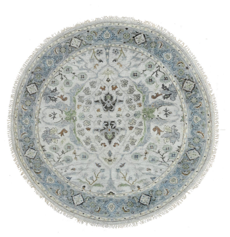 Chrome Denser Weave Oushak Soft Wool Hand Knotted Round Rug, 5'x5'