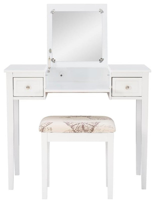 Linon Butterfly Wood Vanity & Padded Seat Stool Flip Up Mirror Storage in White