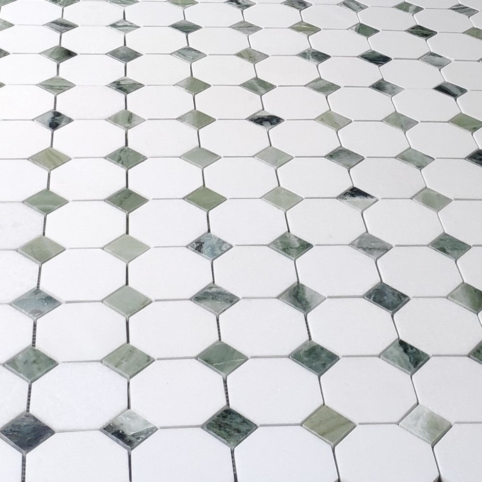 Thassos White Marble Octagon Mosaic Tile Sagano Green Dots Polished, 1 sheet