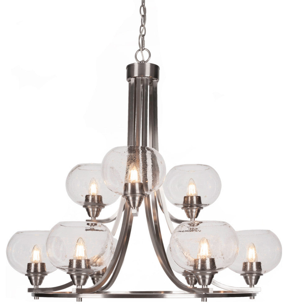 Paramount 9-Light Chandelier, Brushed Nickel, 7" Clear Bubble Glass