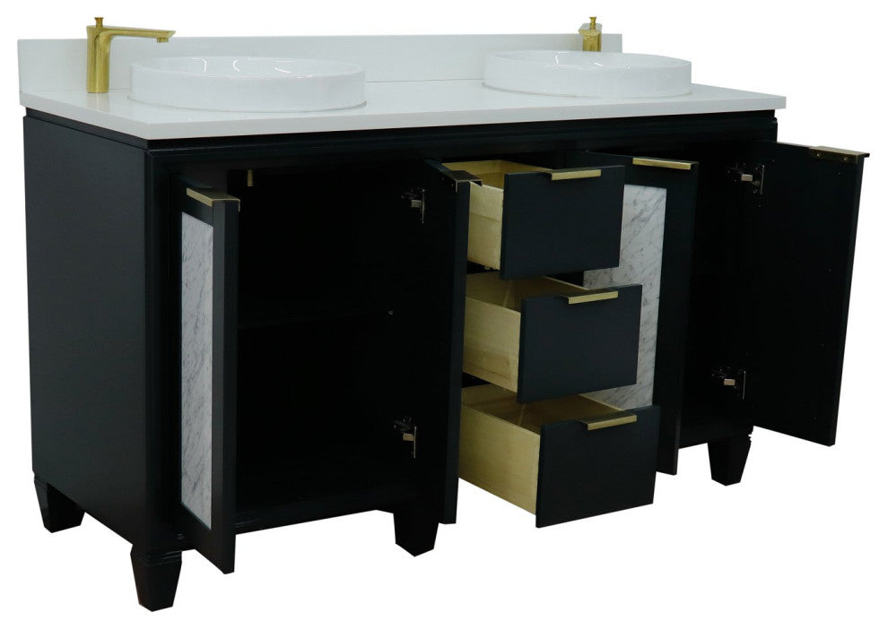 61" Double Sink Vanity, Dark Gray Finish With Engineered Stone Top, Round Sink